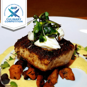 Blackened Mahi Mahi with Sweet Potato Hash, Jersey Corn Puree & Lump Crab Meat