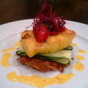 Sous Vide Saffron Sea Bass with Orange Infused Tomato & Basil, Zucchini Ribbons & Refried Bean Potato Pancake