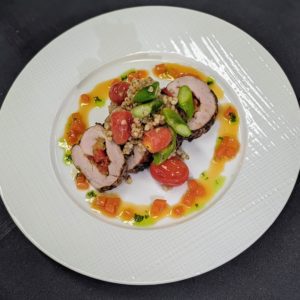 Roulade of Pork with Roasted Carrot and Grapefruit Gastrique