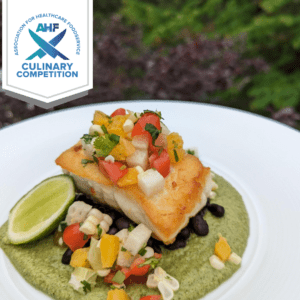 Pan Seared Grouper, Citrus Corn Salad, Black Beans, and Broccoli Mole
