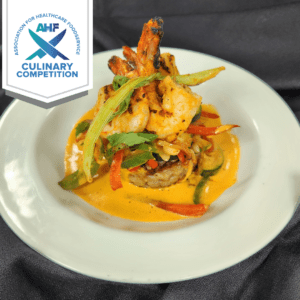 Red Curry Shrimp with Farro Plantain Cake